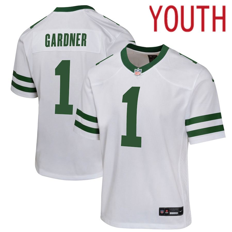 Youth New York Jets 1 Ahmad Sauce Gardner Nike Legacy White Game NFL Jersey